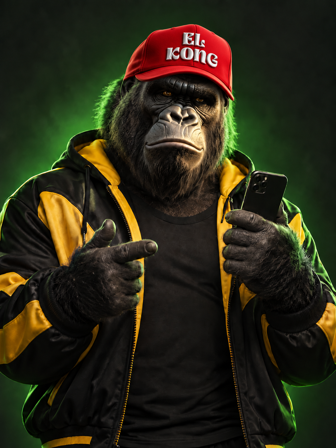 El Kong con gorra roja y su rostro característico, chaqueta urbana negra y amarilla y un celular en la mano